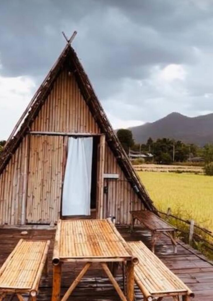 An A-Frame Bamboo Hut made Thai Style in the middle of ricefields