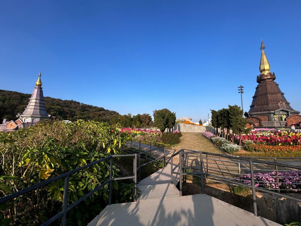 Beautiful garden at the Twin Pagodas suring Sunset at Doi Inthanon