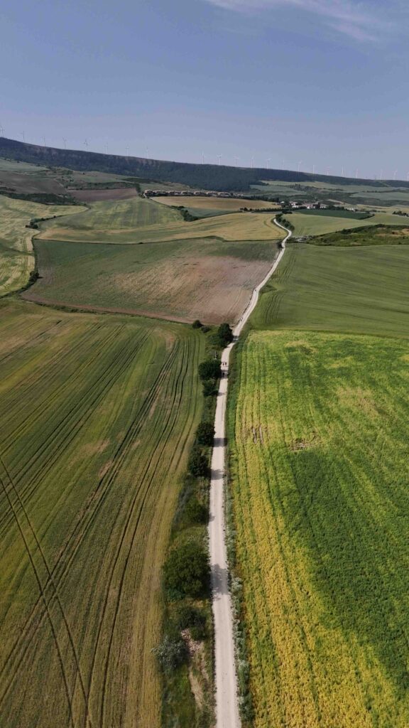 A drone shot of a dirt road cutting through vast flat lands, with patches of green and brown fields, and a few trees providing shade