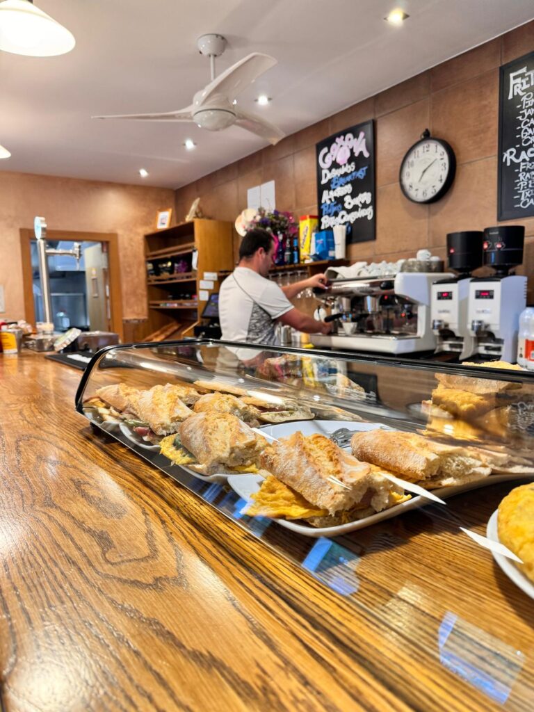 Cup of coffee at Goxona café, a popular early stop for pilgrims on the Camino de Santiago between Roncesvalles and Zubiri