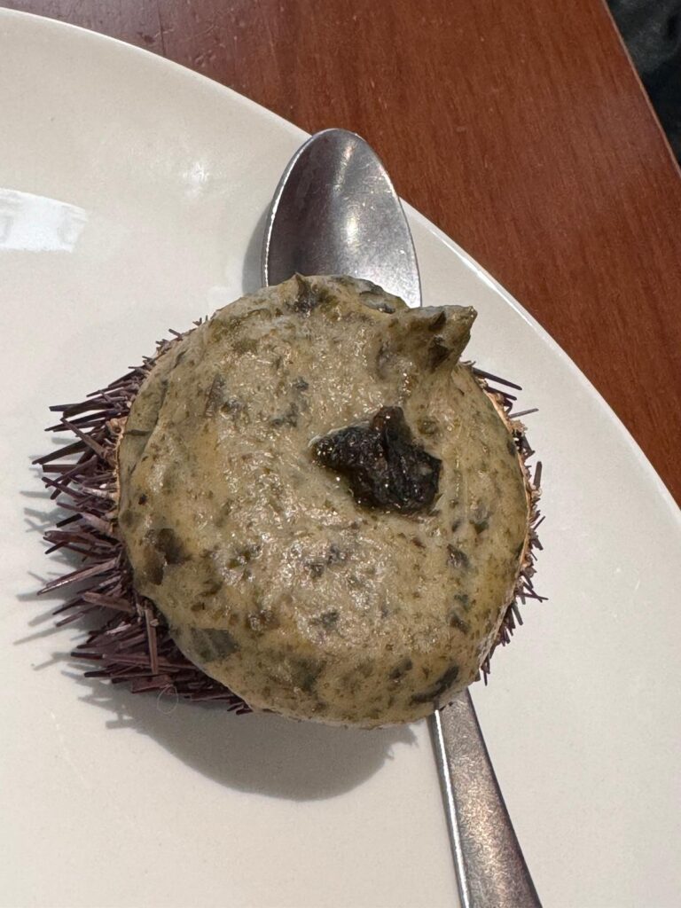Gratin sea urchin tapa served at Bar Gaucho in Pamplona, creamy and umami-packed.