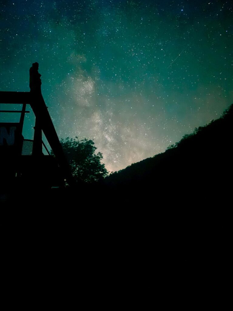 A clear night sky filled with stars, with the Milky Way visible above a dark, peaceful landscape.